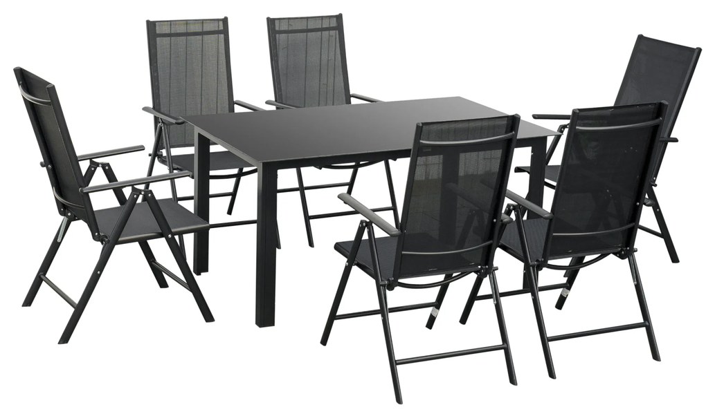 Conjunto de Jardim Refeição 7 Peças com 6 Cadeiras Dobráveis e Reclináveis Mesa com Bancada de Vidro Temperado Preto