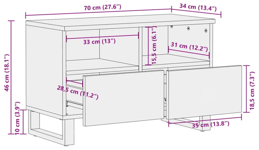 Móvel de TV 70x34x46 cm madeira de mangueira maciça branco