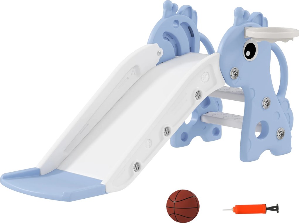 Escorrega para Crianças 3 em 1 com Escada Tabela de Basquetebol e Desenho de Girafa 106x51,5x52 cm Azul Claro