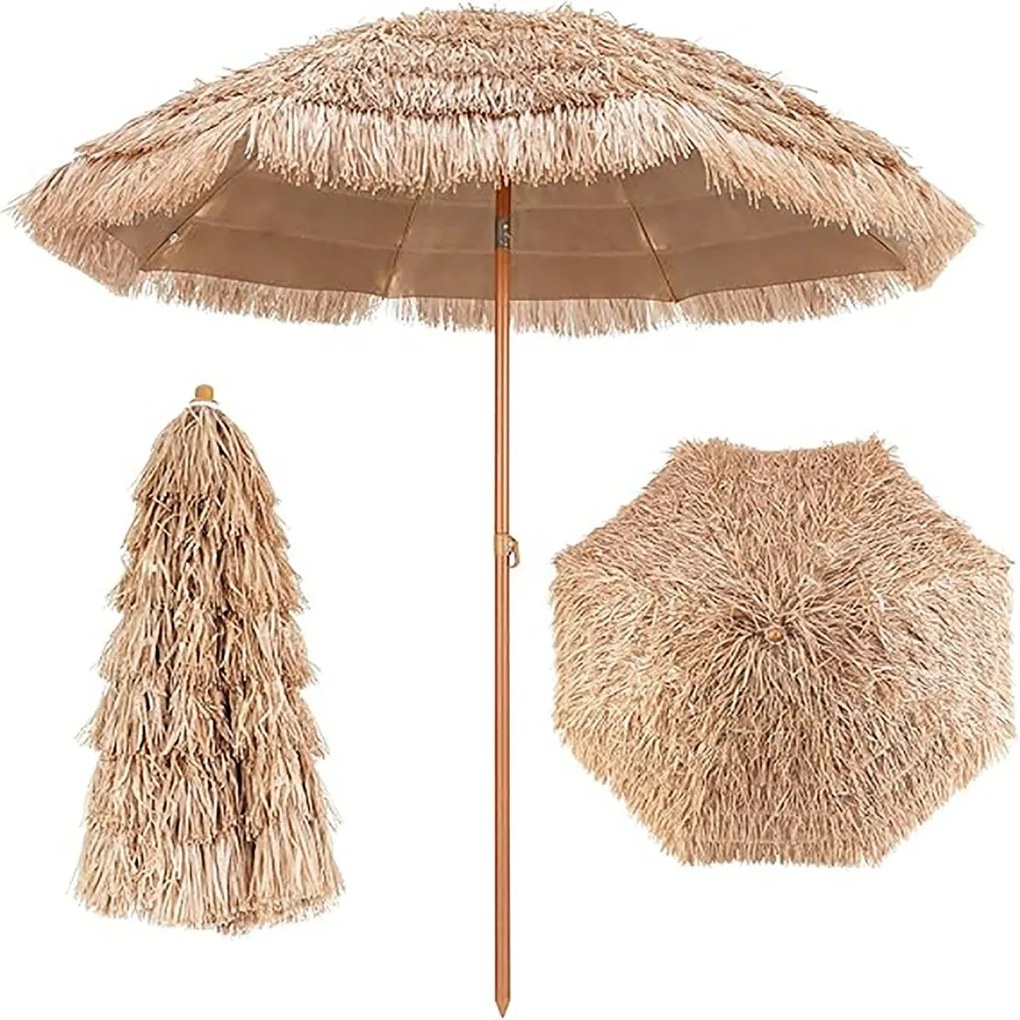 Guarda-sol Ø 220 cm havaiano em palha Plastico PP (BASE NÃO INCLUIDA) com 8 varas e proteção UV natural