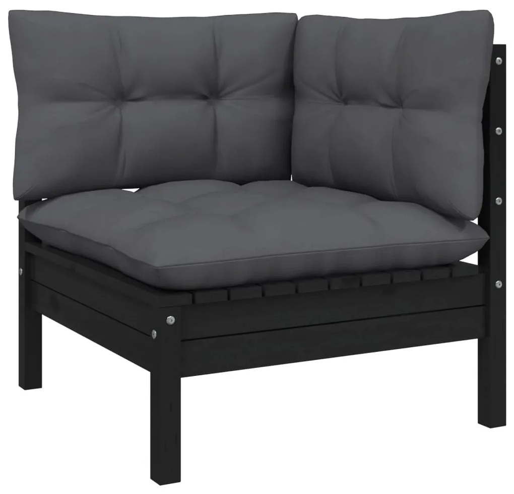 3 pcs conjunto lounge jardim c/ almofadões pinho maciço preto