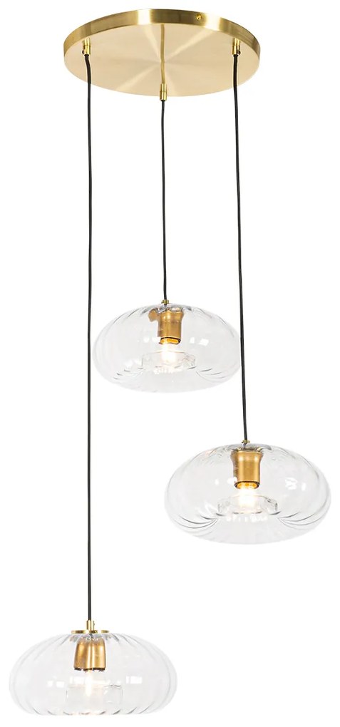 Candeeiro de suspensão Art Deco dourado com vidro redondo 3 luzes - Ayesha Art Deco