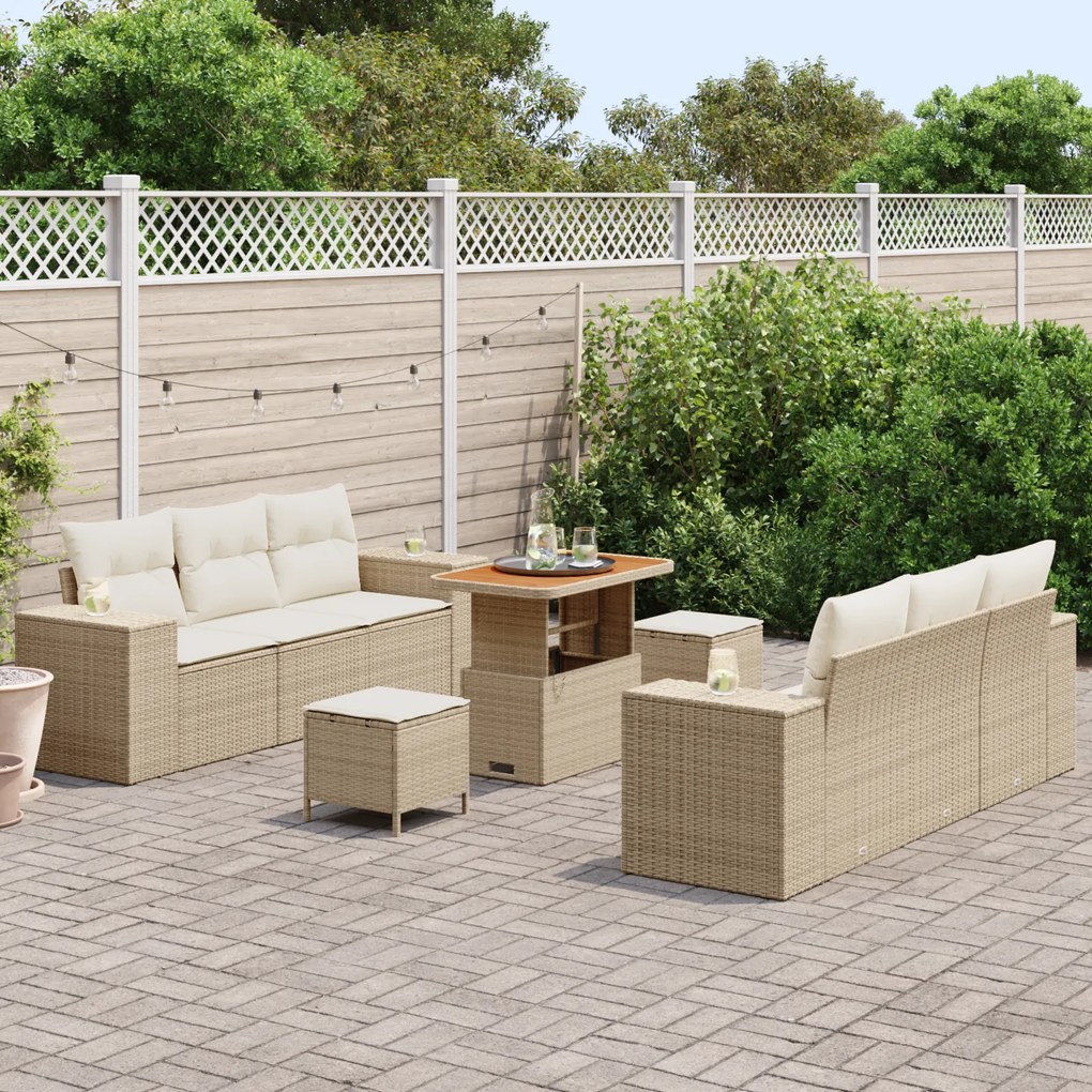 Conjunto de Sofá de Jardim de 9 Peças com Almofadas Bege Vime Sintétic