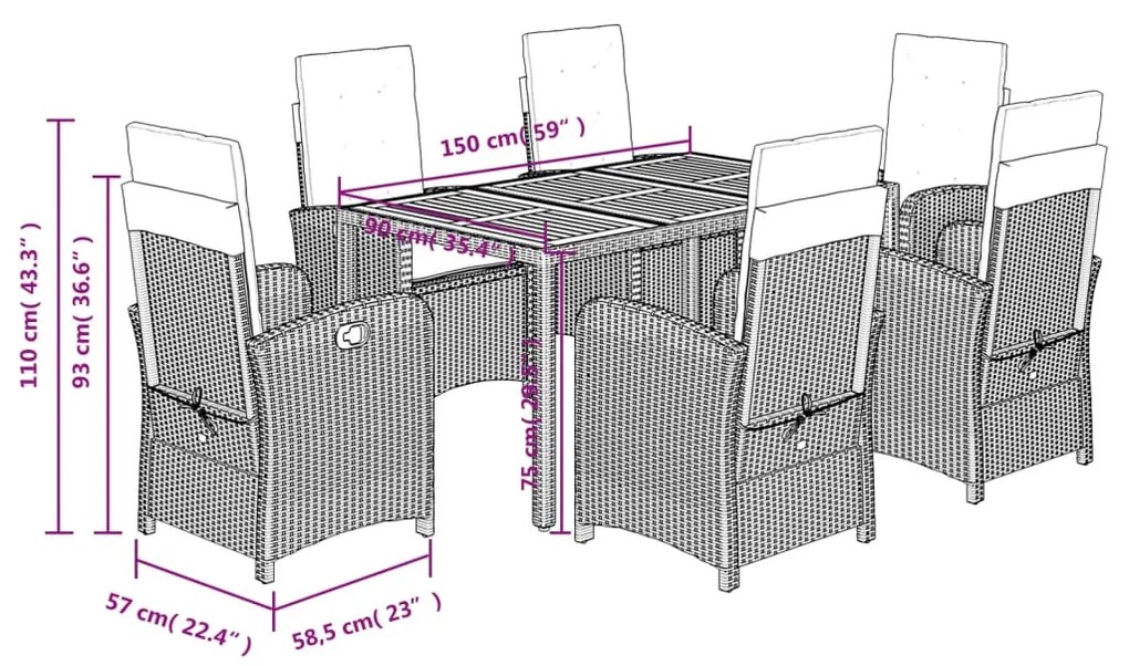 7 pcs conjunto de jantar p/ jardim c/ almofadões vime PE preto