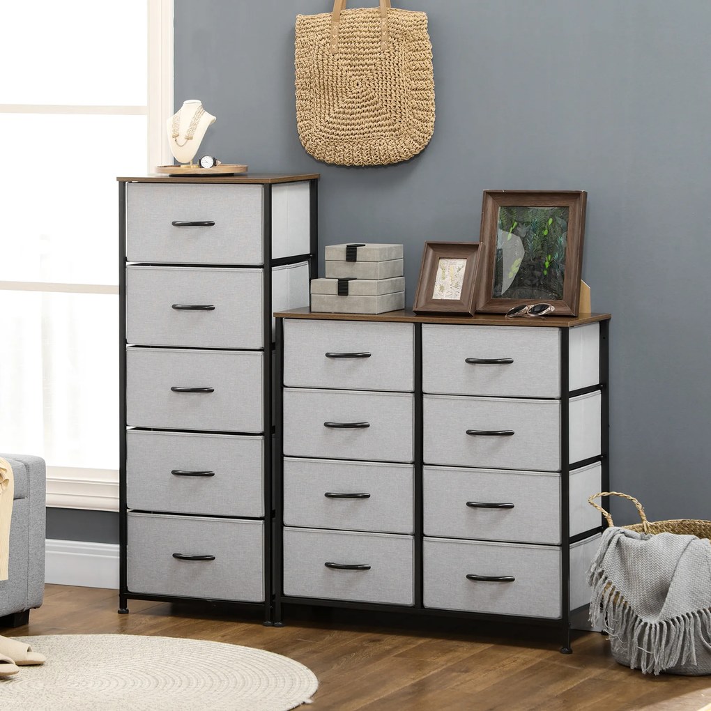 Cómoda com 5 gavetas 45 x 30 x 116 cm, móvel de arrumação com gavetas em tecido dobrável - estrutura em aço preto - cinzento