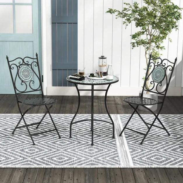 Conjunto Bistro Mesa redonda e 2 cadeiras dobráveis com padrão de mosaico Estrutura metálica robusta para utilização no interior e no exterior Azul