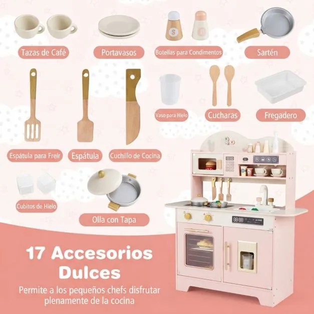 Cozinha brincar infantil de madeira 79,5 x 39,5 x 90,5 cm com 17 acessórios, forno e máquina de gelo, para crianças com mais de 3 anos, cor rosa