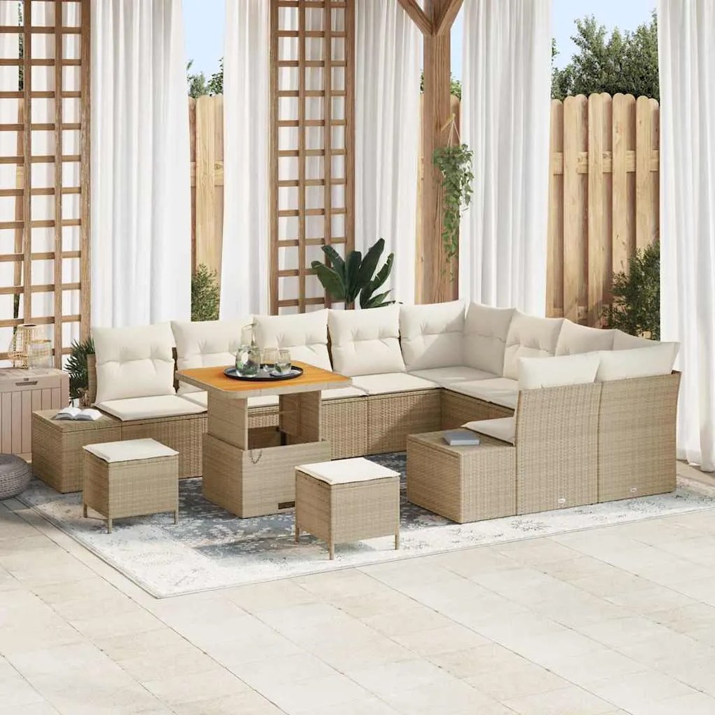 Conjunto de Sofás de Jardim vidaXL 12 Peças com Almofadas Bege Rattan Acácia