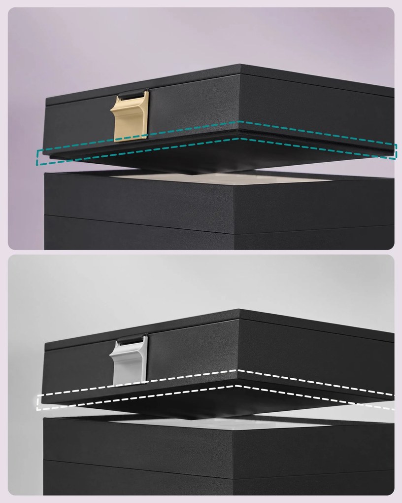 Caixa para joias de 4 níveis com tampa de vidro 17 x 28 x 18,3 cm Preta