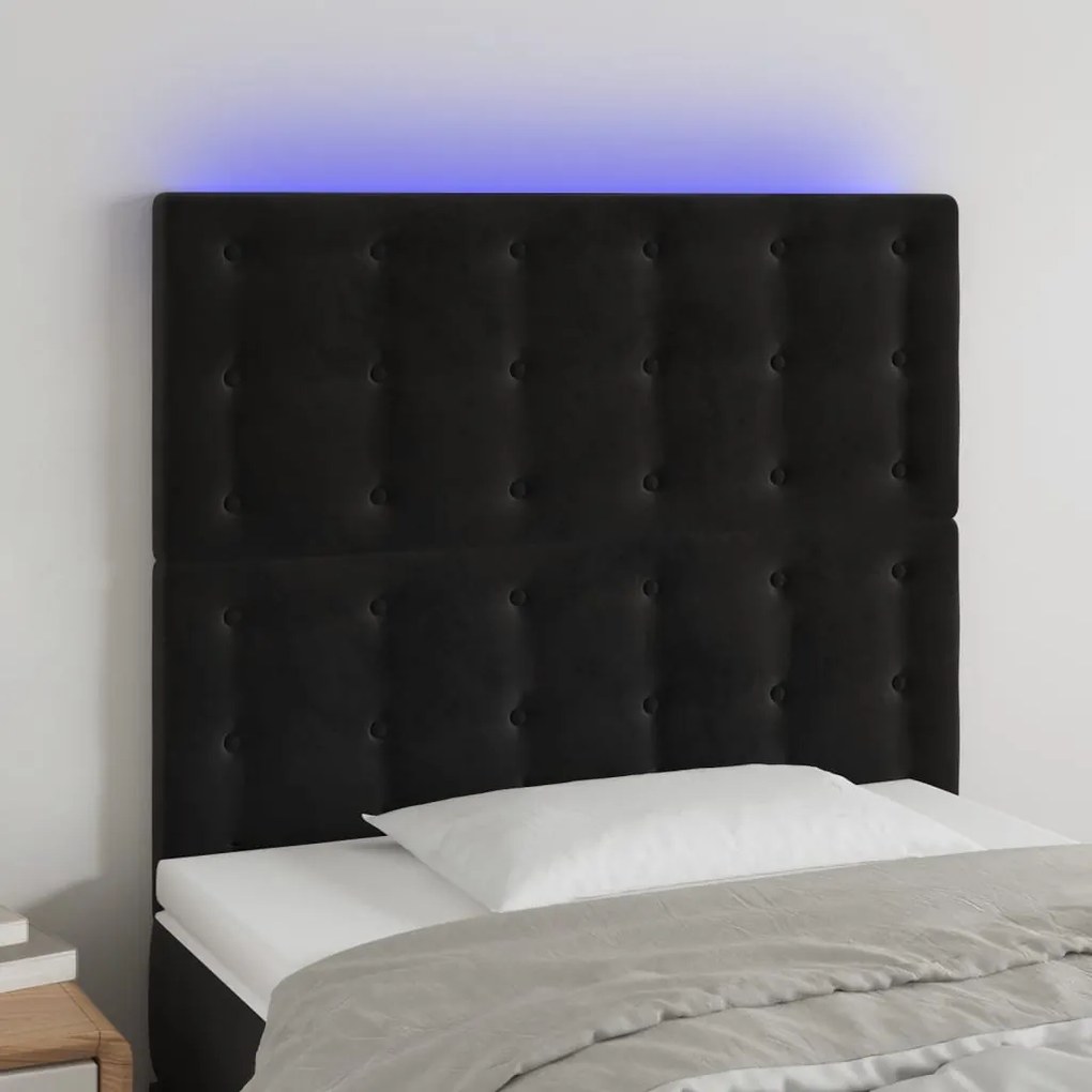 Cabeceira de cama c/ LED veludo 90x5x118/128cm preto