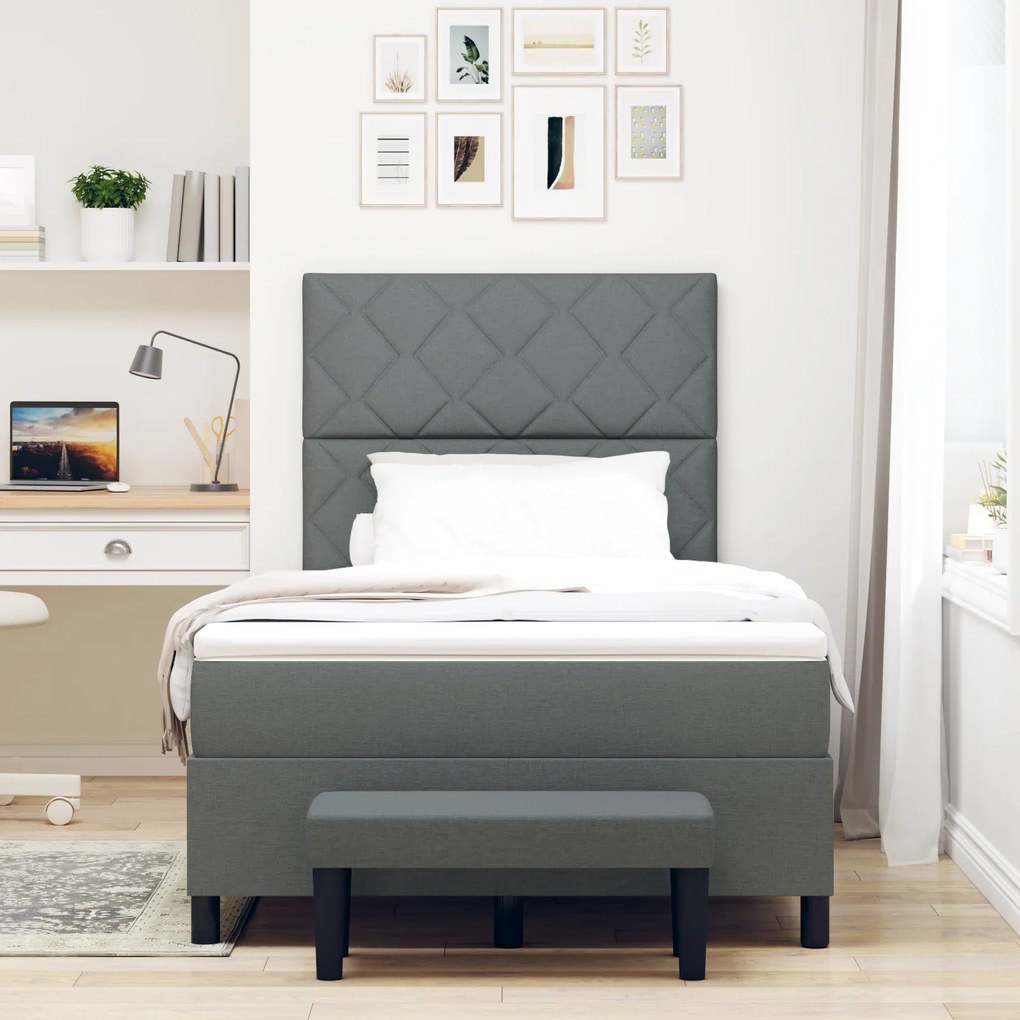 Cama Box Spring com Colchão &amp; Banco Cinza Escuro 120x200 cm Tecido