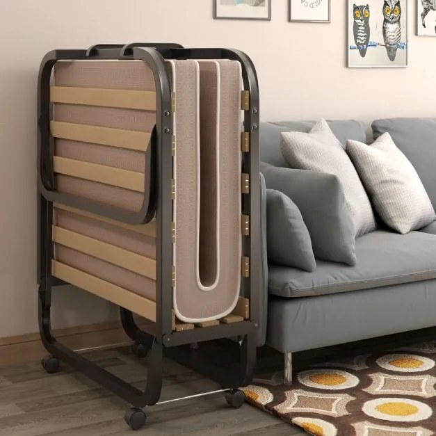Cama dobrável com colchão de espuma com rodas Estrutura metálica Cama de hóspedes portátil para escritório 200 x 80 x 40 cm Preto e Bege