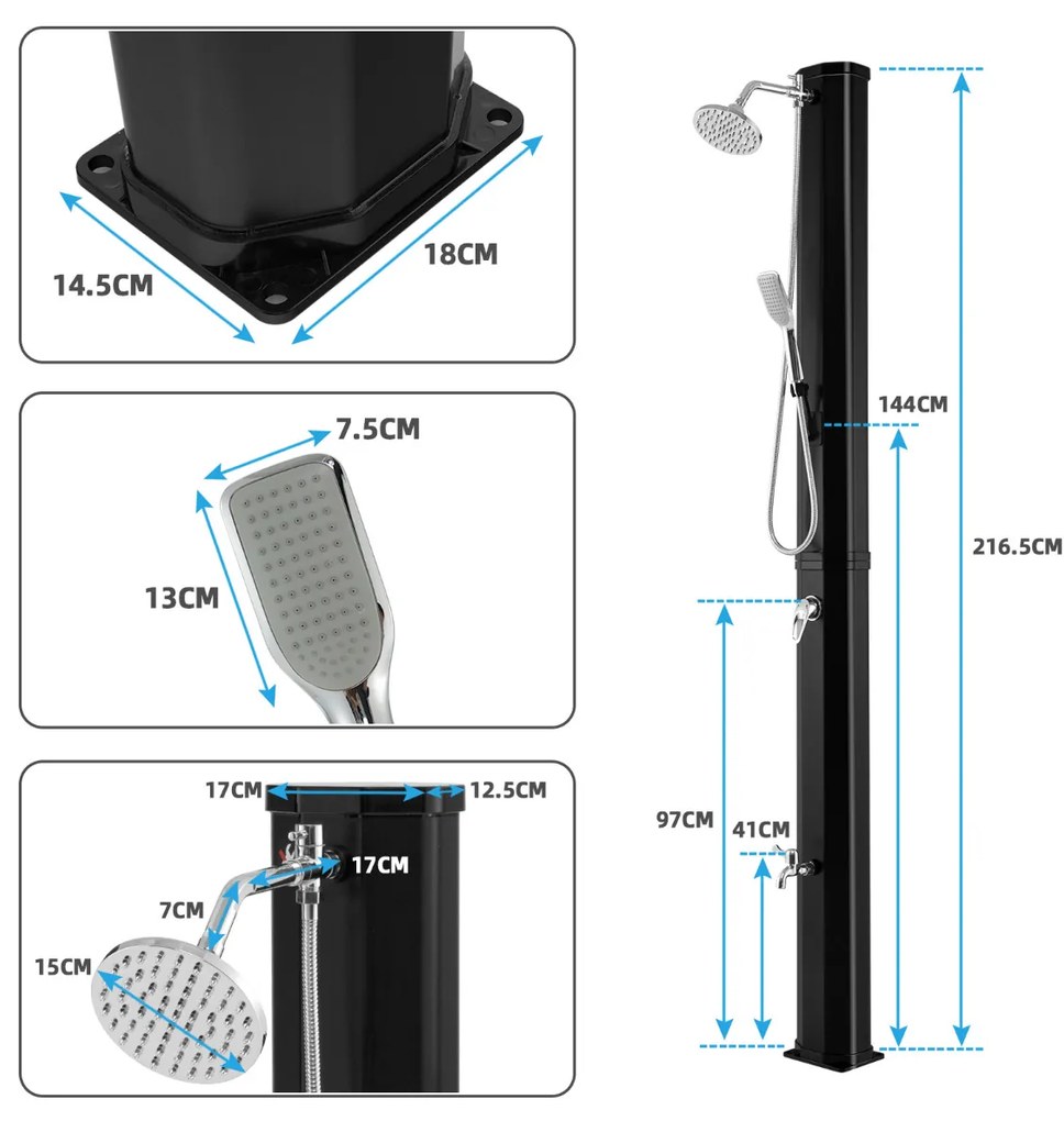 Chuveiro solar para exterior 216,5 cm 35 L com cabeça de chuveiro giratória e chuveiro de pés portátil com controlo de pressão e temperatura para a pr