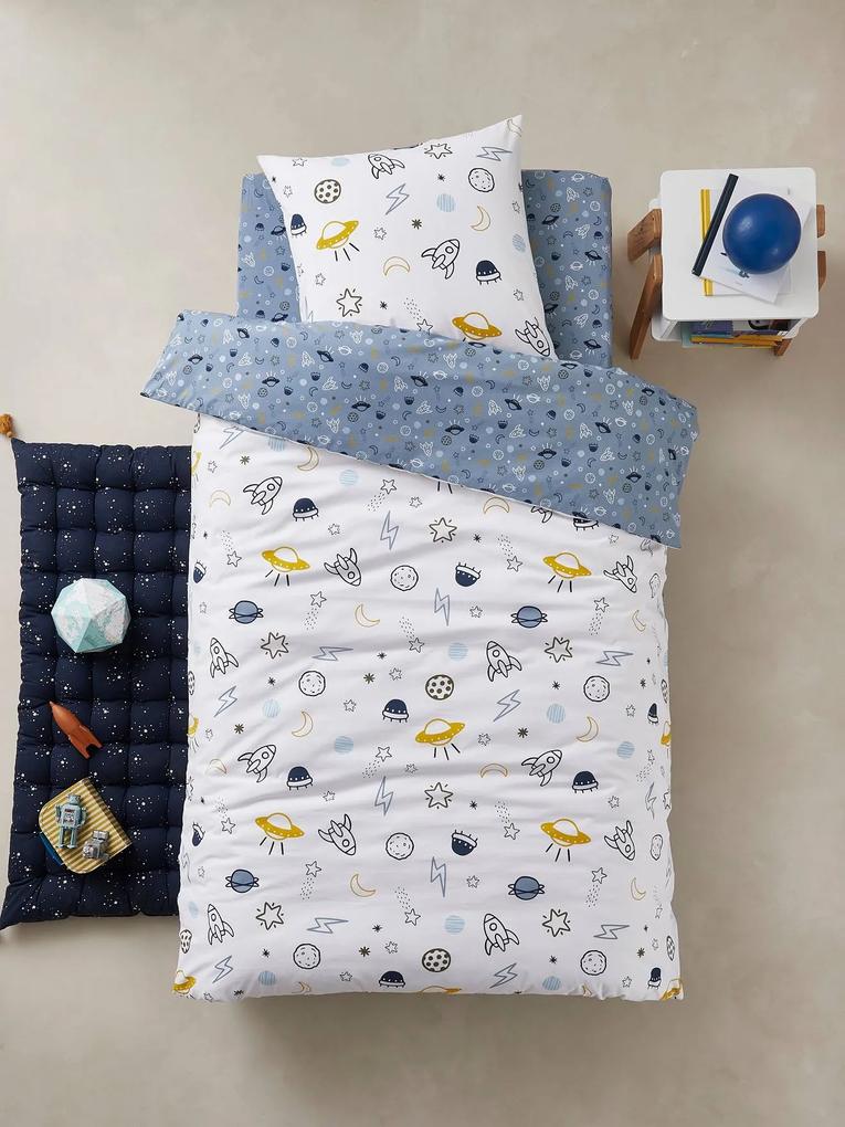 Conjunto capa de edredon + fronha de almofada para criança, tema Cosmos azul medio estampado