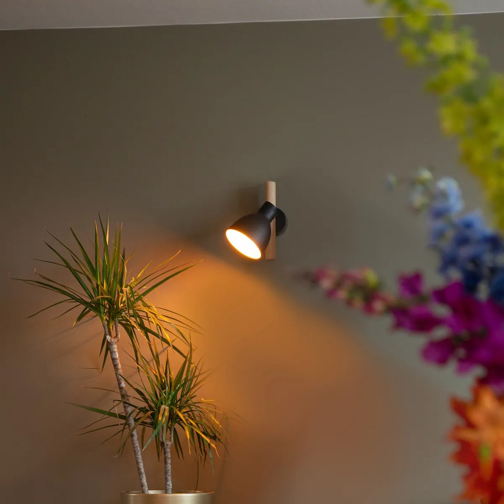 Candeeiro de parede rústico preto com madeira - Flint