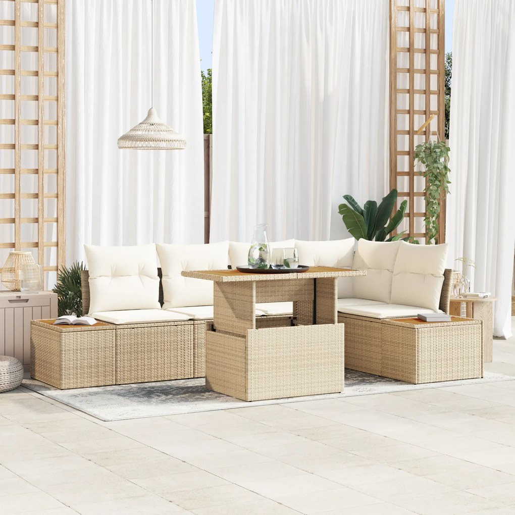 Conjunto de Sofá de Jardim com 6 Peças e Almofadas Bege em Rattan Poli