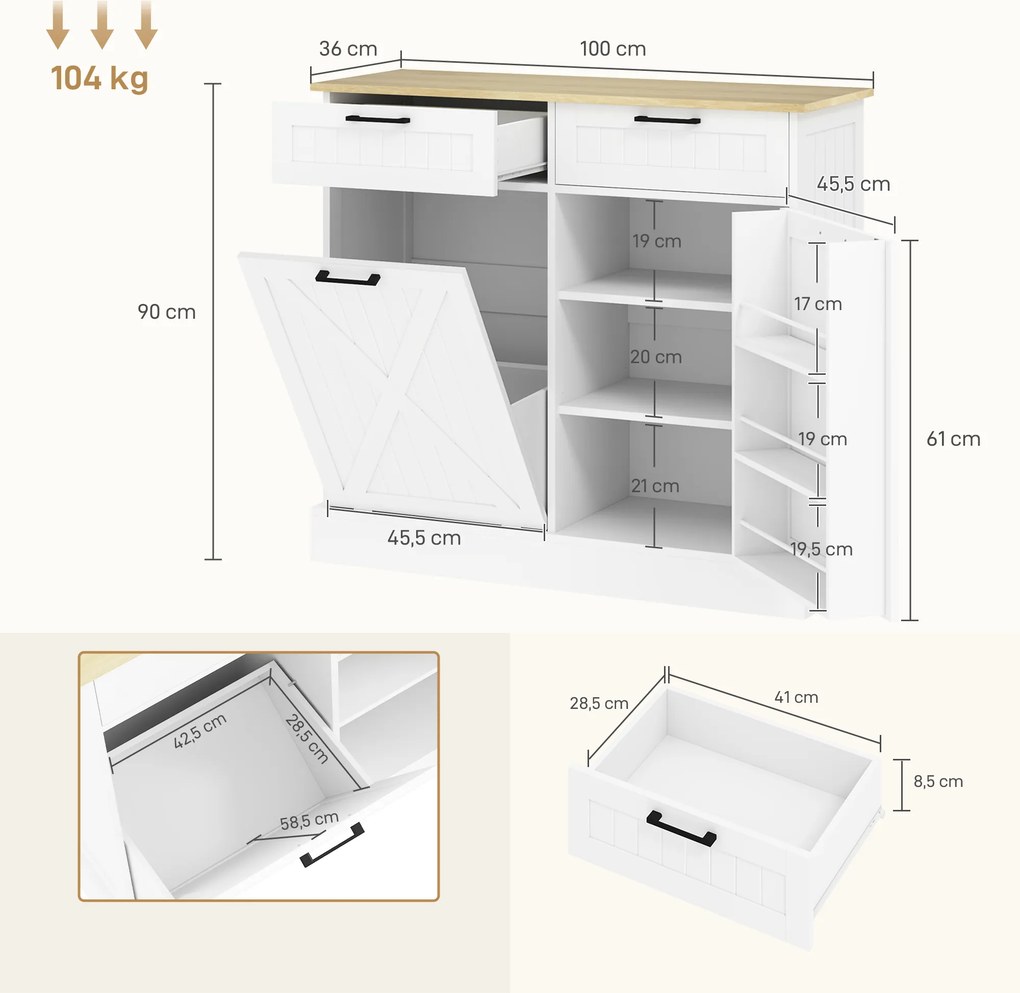 Armario de Cozinha, 100 x 36 x 90 cm, Compartimento para Caixote do Lixo de 38 L, Branco