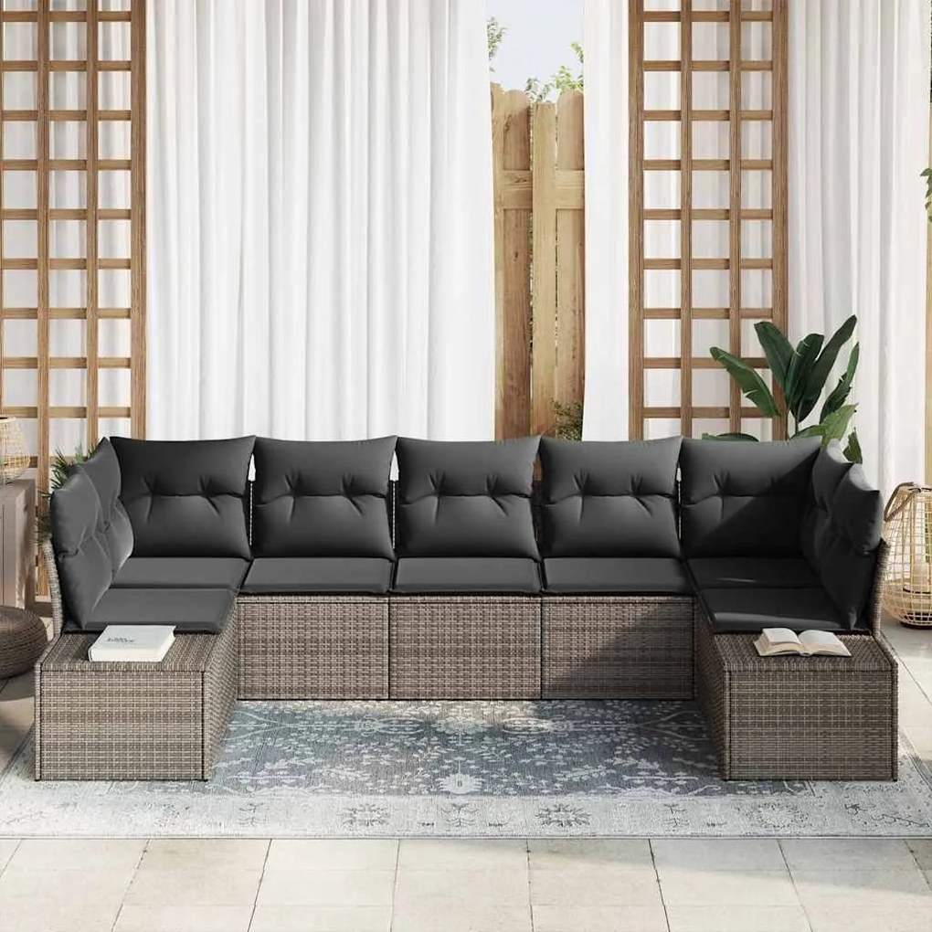 Conjunto de Sofá de Jardim com 7 Peças e Almofadas Cinzas em Rattan Po