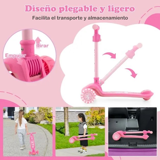 Trotinete Dobrável para Crianças 37-60 Meses com Rodas PU Luz LED Travão Traseiro Inclinação Direção Guiador Ajustável Púrpura