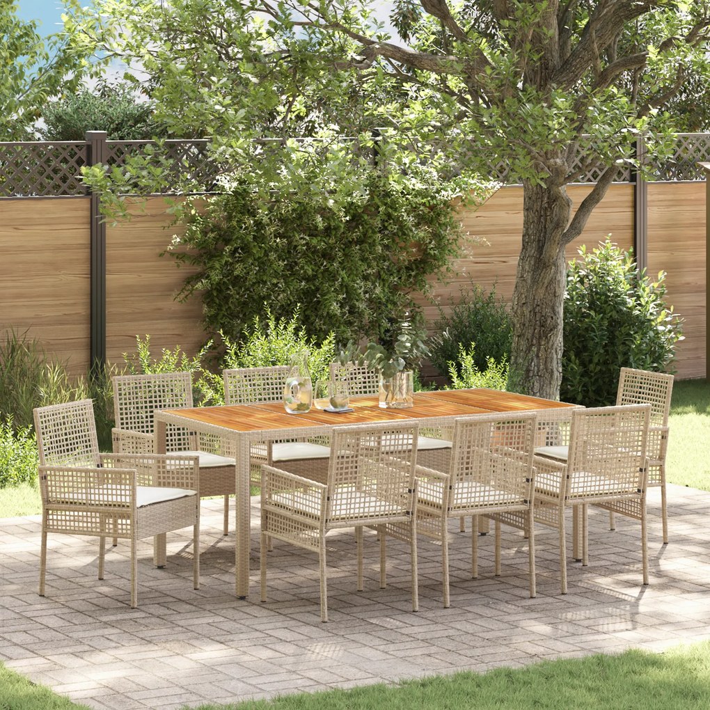 vidaXL Conjunto de Jantar de Jardim de 9 Peças com Almofadas em Bege e Polirattan