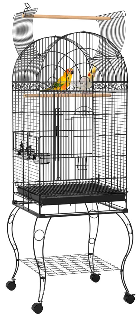 Gaiola para Pássaros com Rodas Bandeja Amovível Prateleira 2 Comedouros de Aço Inoxidável e Poleiro 51x51x153 cm Preto