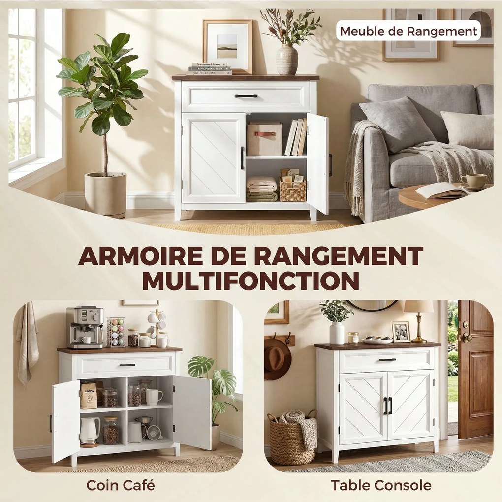 Aparador de sala 76 x 35 x 80 cm,, móvel de arrumação com 2 portas, gaveta e prateleira ajustável, branco