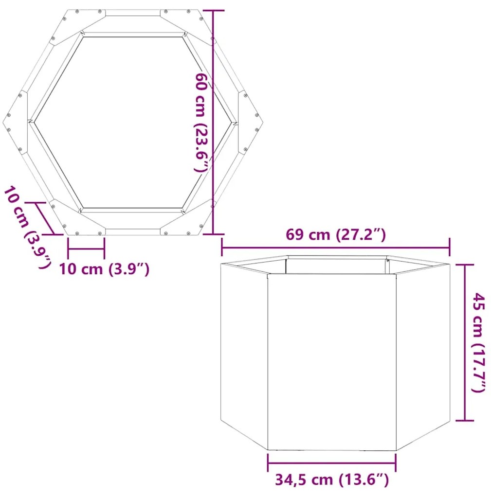 Vaso/floreira de jardim hexagonal 69x60x45 cm aço galvanizado