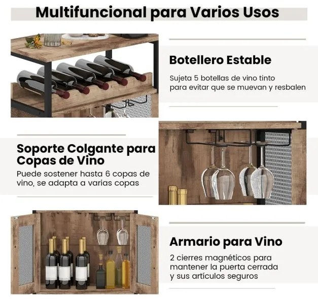 Garrafeira Bar 60 x 34 x 79 cm de Vinhos com Prateleira Removível para Vinhos e Porta-Copos Armário Bar Castanho