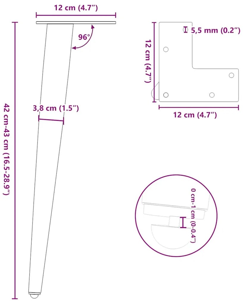 Pés para mesa de centro cônicos 4 peças preto 42-43 cm aço