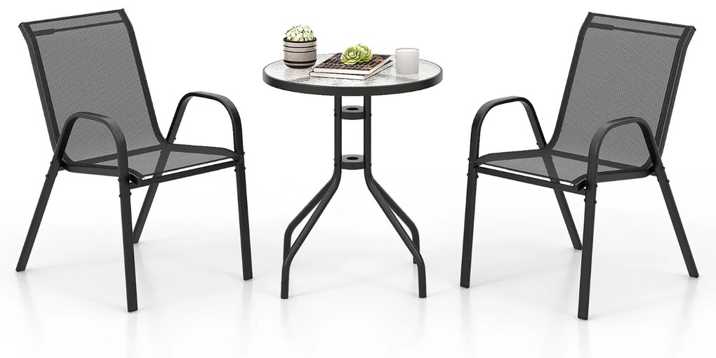 Conjunto móveis de Jardim 3 peças 2 cadeiras empilháveis 1 mesa de apoio Vidro temperado Tecido respirável Jardim Varanda Terraço Pátio Preto