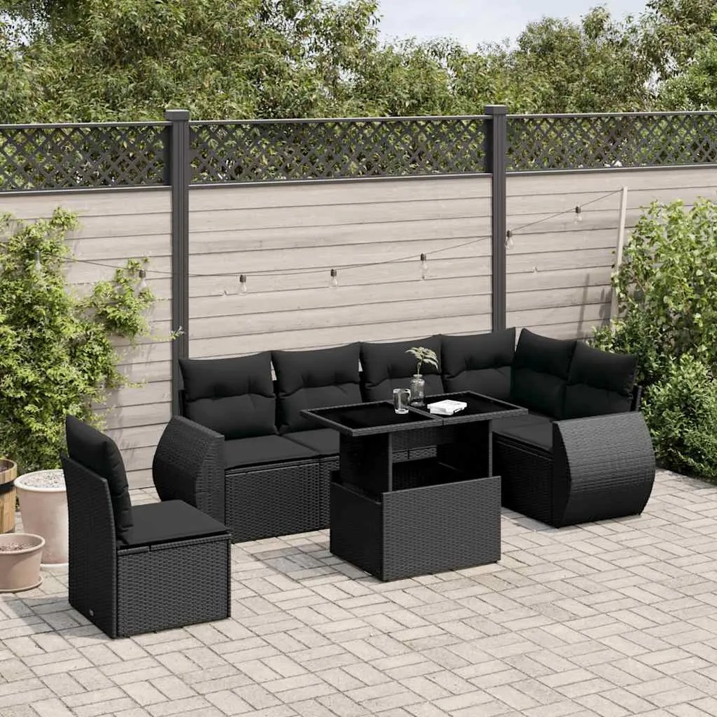 7 pcs conjunto de sofás p/ jardim c/ almofadões vime PE preto
