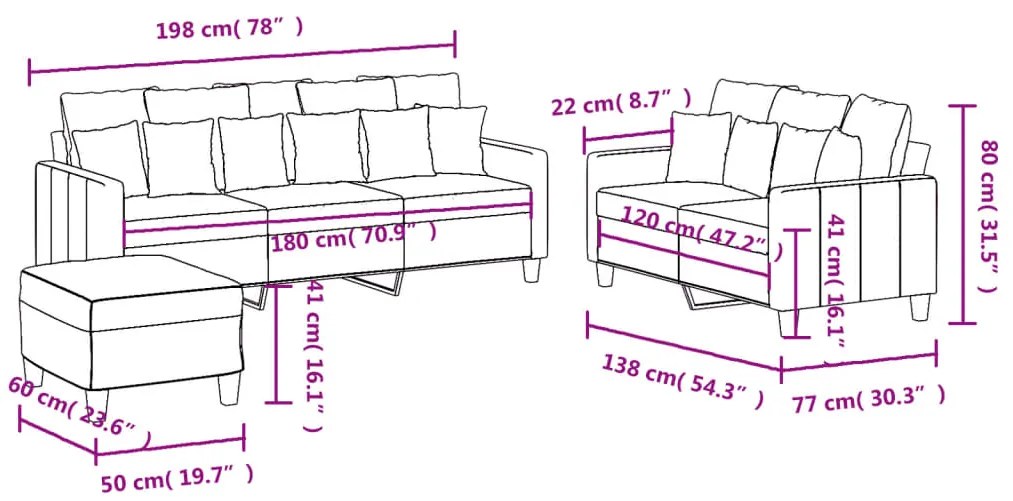 3 pcs conjunto de sofás com almofadões tecido cinzento-claro