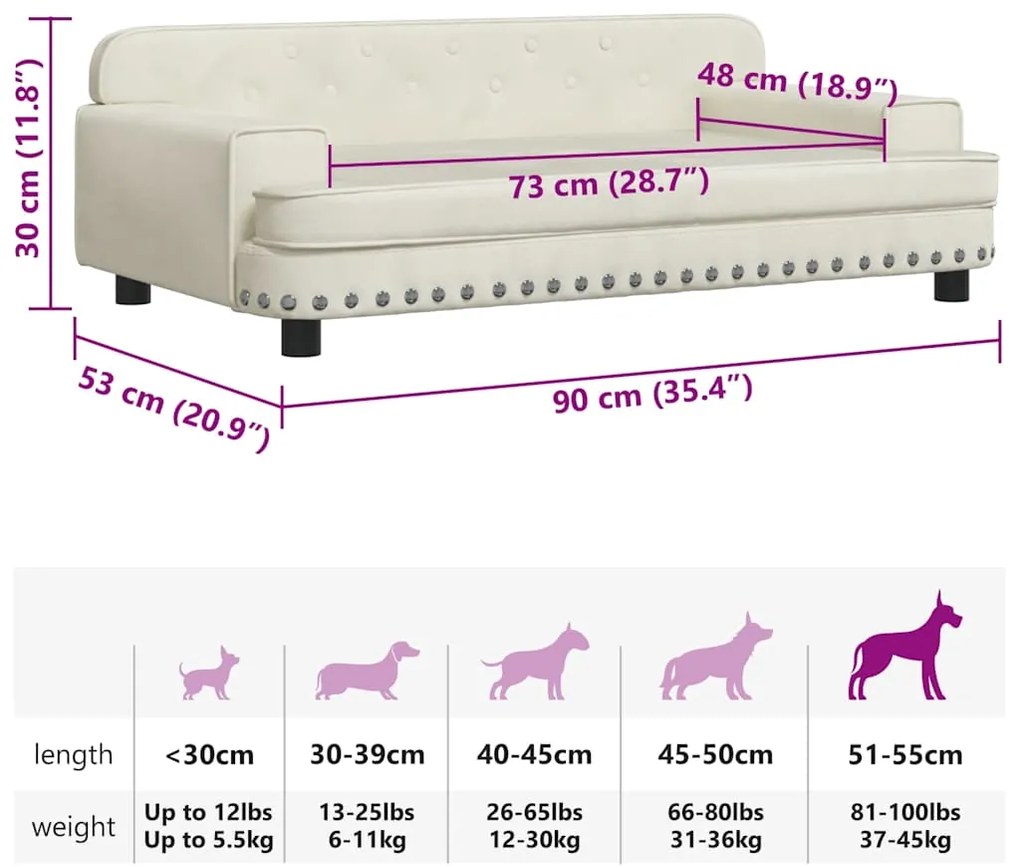 Cama para cães 90x53x30 cm veludo cor creme