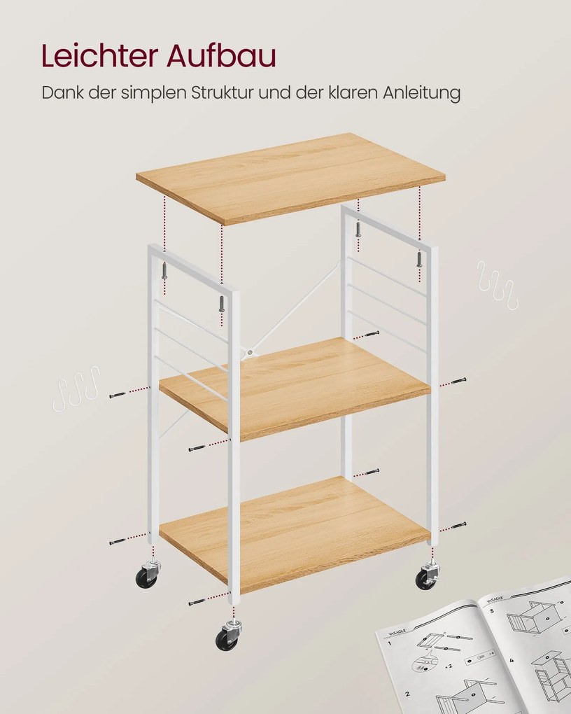 Carrinho de cozinha com Rodas com 3 níveis 40 x 60 x 89 cm carvalho dourado, branco-nuvem