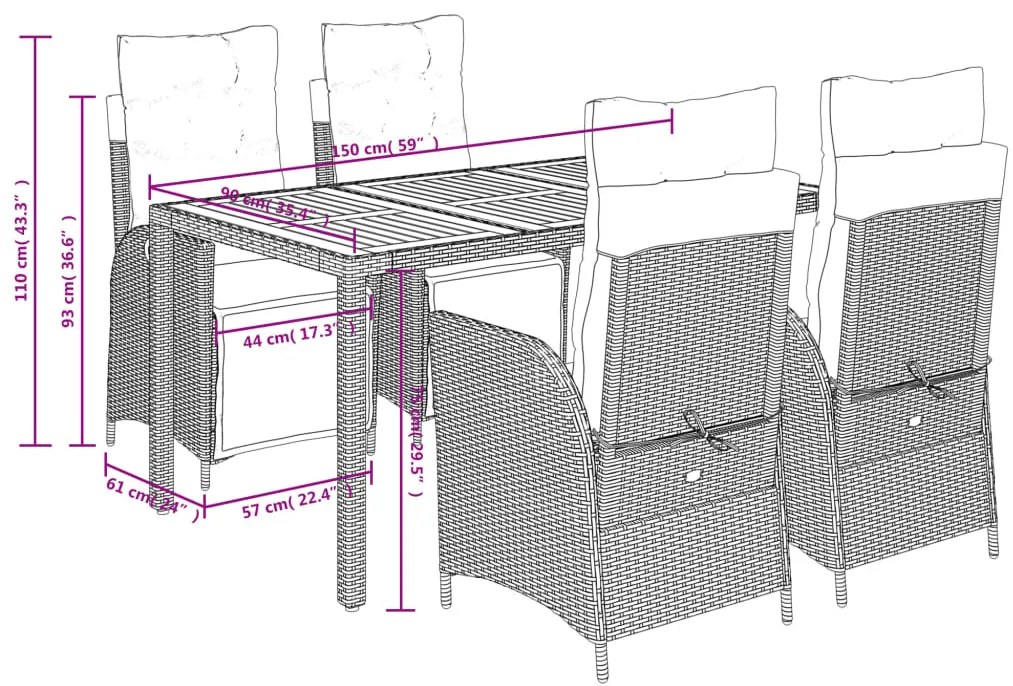 5 pcs conjunto de jantar p/ jardim c/ almofadões vime PE cinza