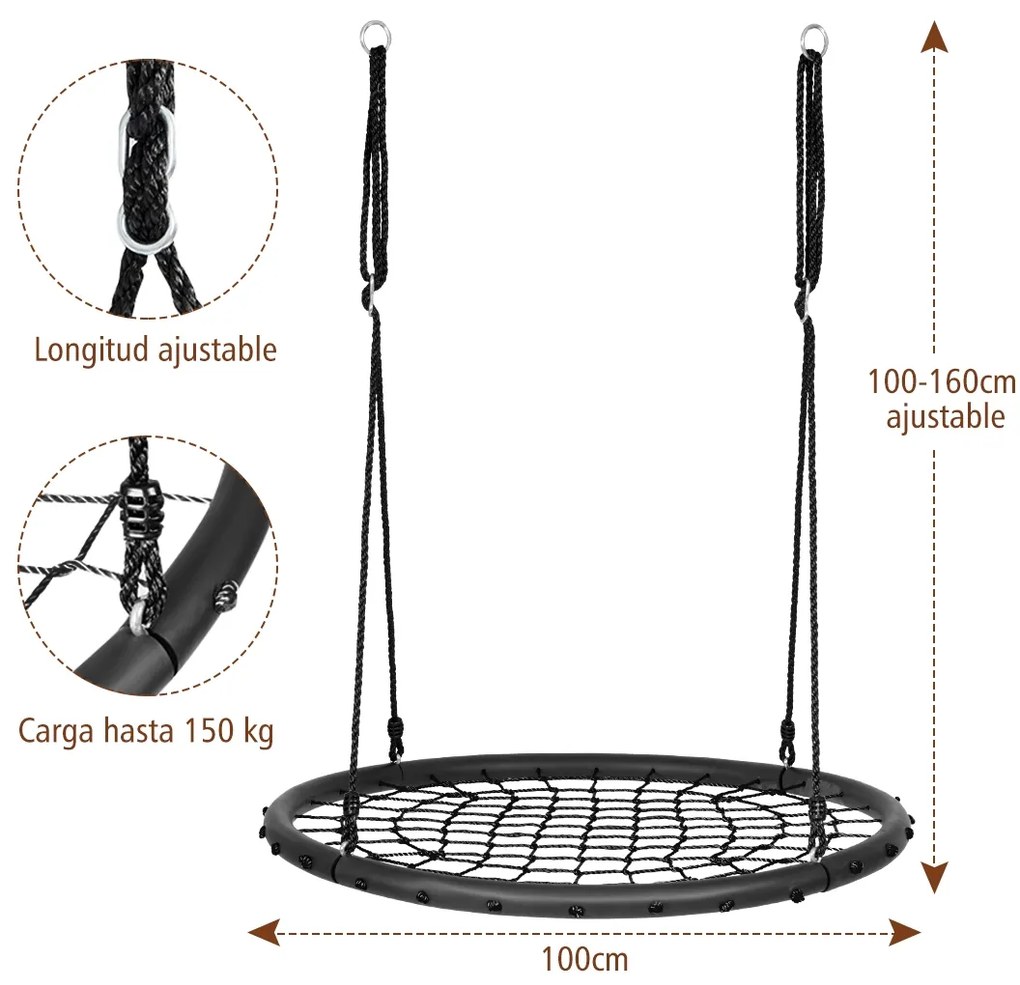Baloiço Infantil Rede Redonda com Cordas Ajustáveis Ideal para Parque Infantil Jardim de Árvores 100 cm Preto