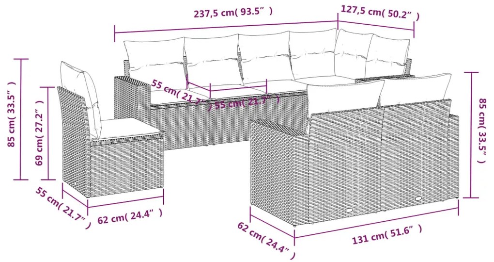 8 pcs conj. sofás jardim c/ almofadões vime PE cinzento-claro