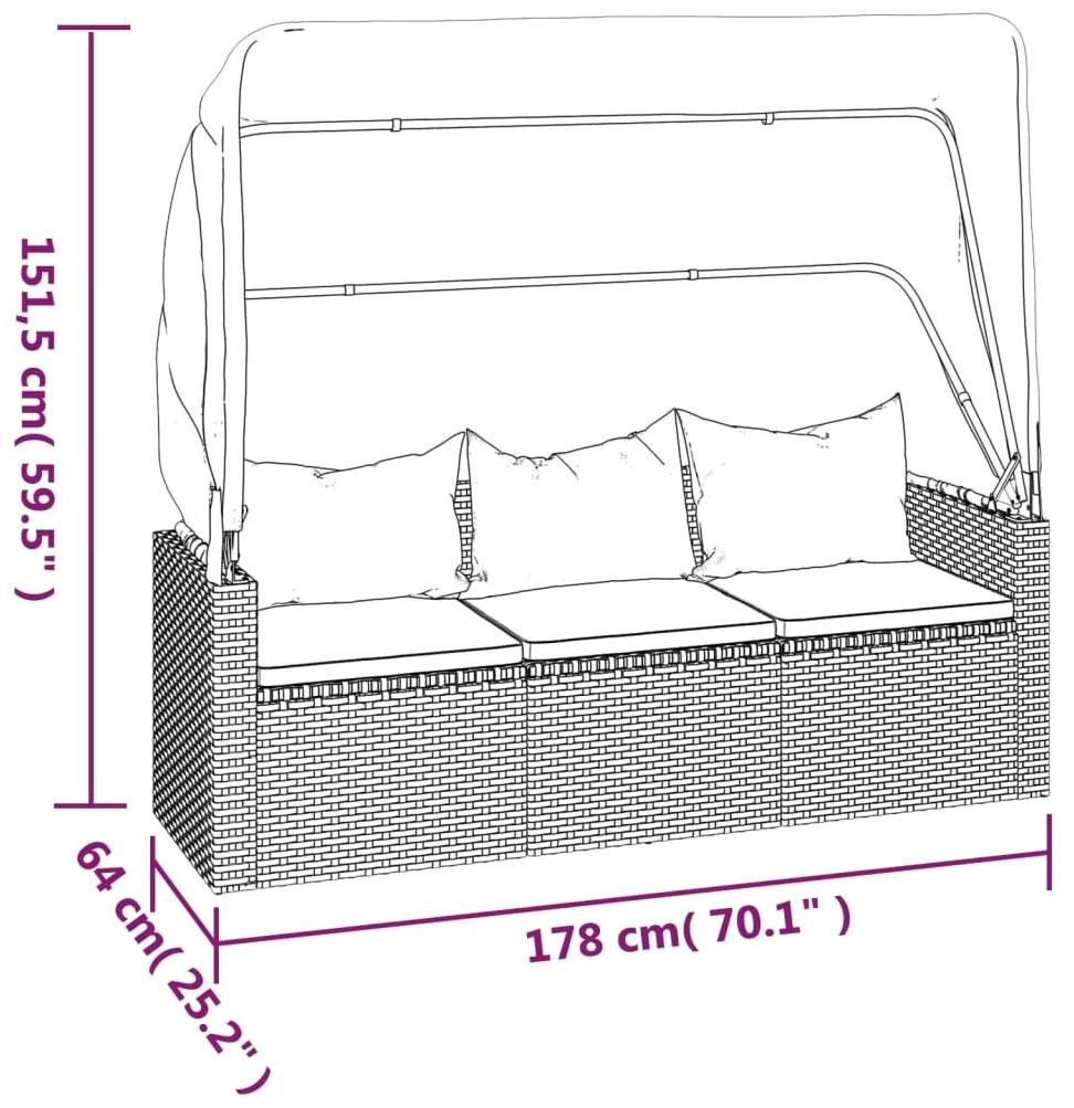 Sofá de jardim de 3 lugares c/ teto/apoio de pés vime PE preto
