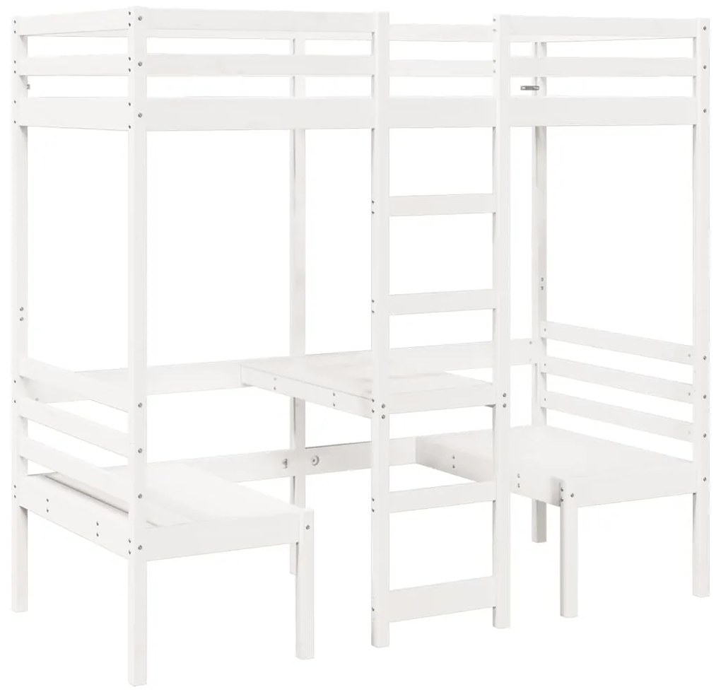 Cama alta c/ secretária/cadeiras 90x200 cm pinho maciço branco