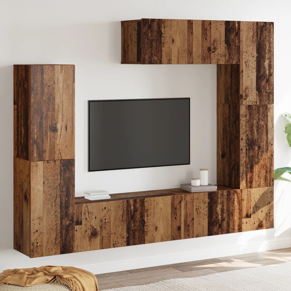 Conjunto de TV com 7 peças, montado na parede, em madeira envelhecida