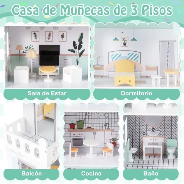 Casa de bonecas de madeira 74,5 x 34 x 120,5 cm com 18 peças de mobiliário e escada verde