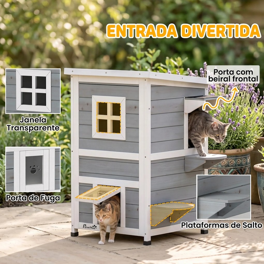 Casota Exterior para Gatos em Madeira de 2 Níveis com Telhado Basculante, Plataformas de Salto e Portas, 51x51x81,3 cm, Cinzento