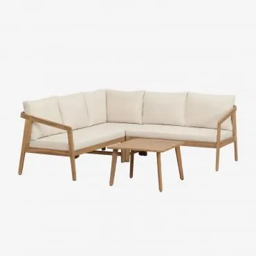Conjunto De Sala De Estar Com Sofá De Canto E Mesa Lateral Em Madeira De Acácia Kaela Marrom Acácia Claro & Tecido Gardénia Branco - Sklum