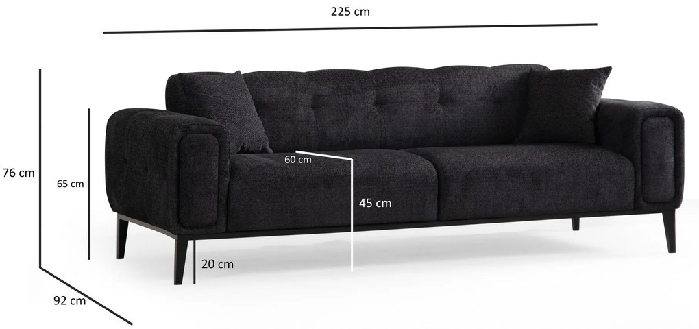 Sofá-cama de 3 Lugares Athena – Preto – 225x92x76 cm