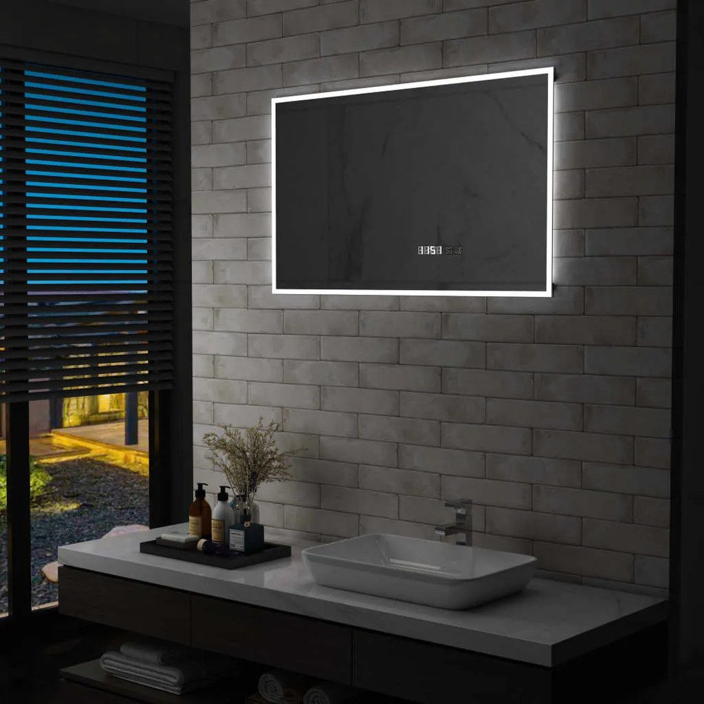 144739 vidaXL Espelho de parede LED c/ sensor tátil e horas p/ WC 100x60 cm