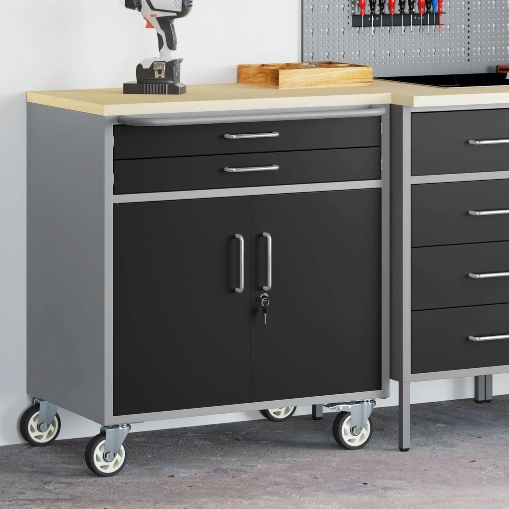 Gabinete de Ferramentas com Rodas e Portas Trancáveis Preto 75x45x85 c