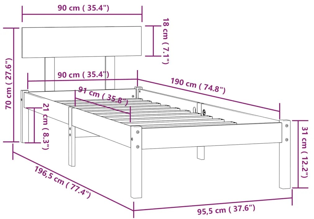 Estrutura de cama solteiro UK 90x190 cm pinho maciço preto