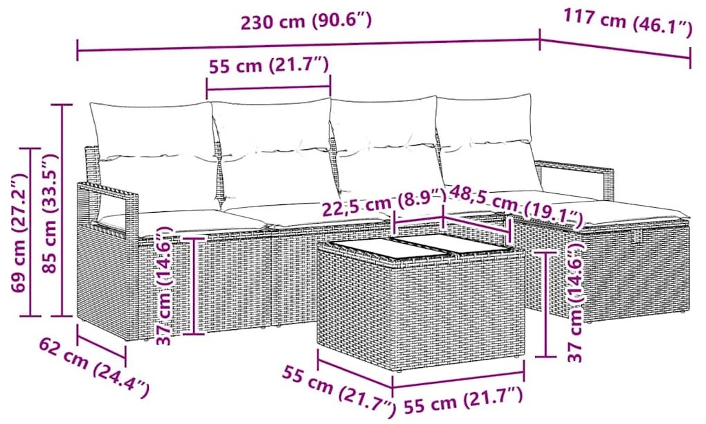 Conjunto de Sofá de Jardim de 6 Peças com Almofadas em Rattan Preto