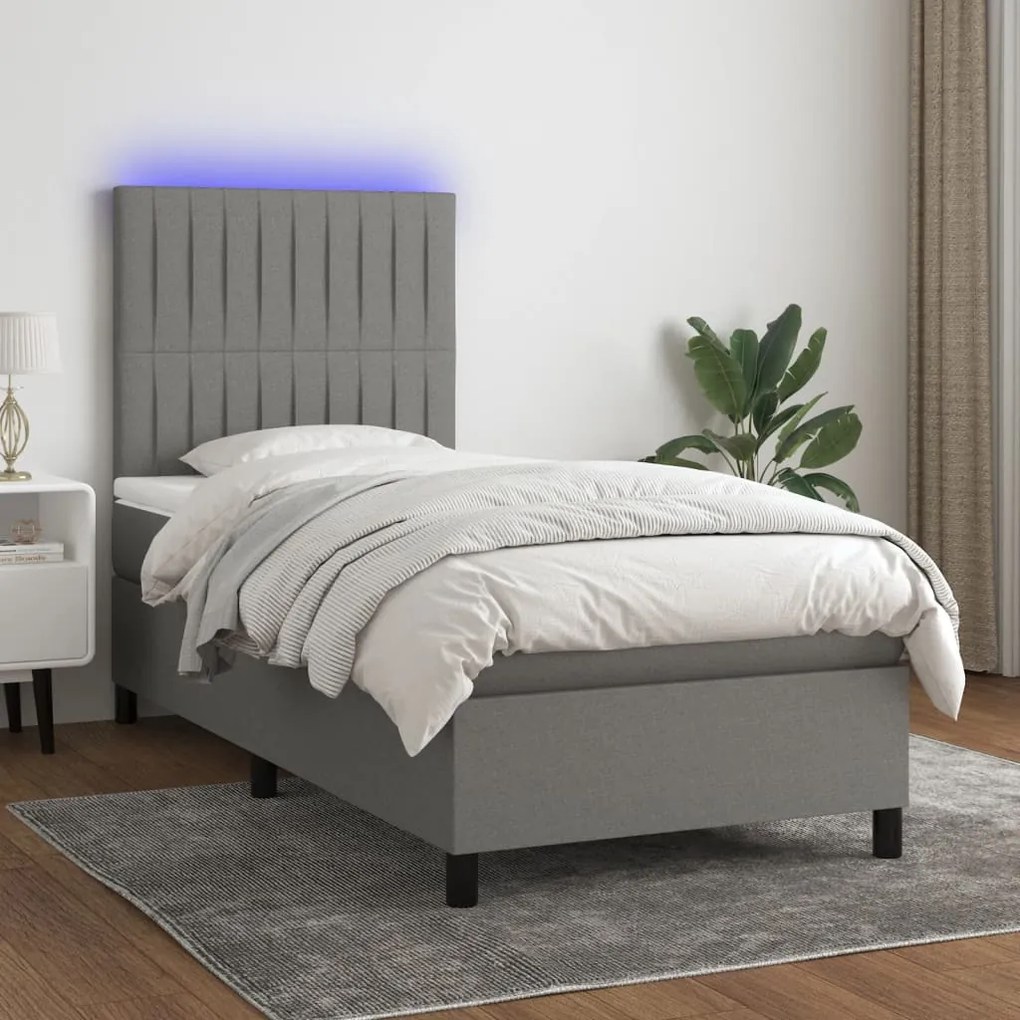 Cama box spring c/ colchão e LED 100x200 cm tecido cinza-escuro