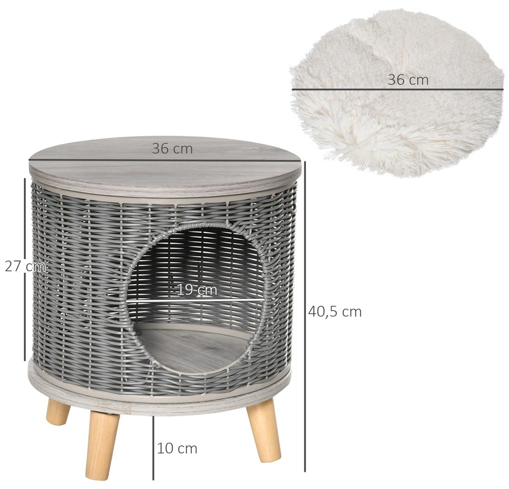 Caverna para Gatos de Vime Casa para Gatos Redonda com Tapete Lavável Pés de Madeira de Pinho Removíveis Ø36x40,5cm Cinza